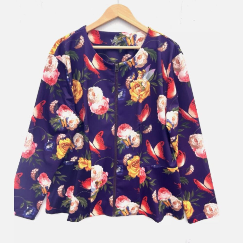 DISNEY Purple Tinkerbell Butterfly Print Full Zip Peplum Jacket Stretch 2XL NWT